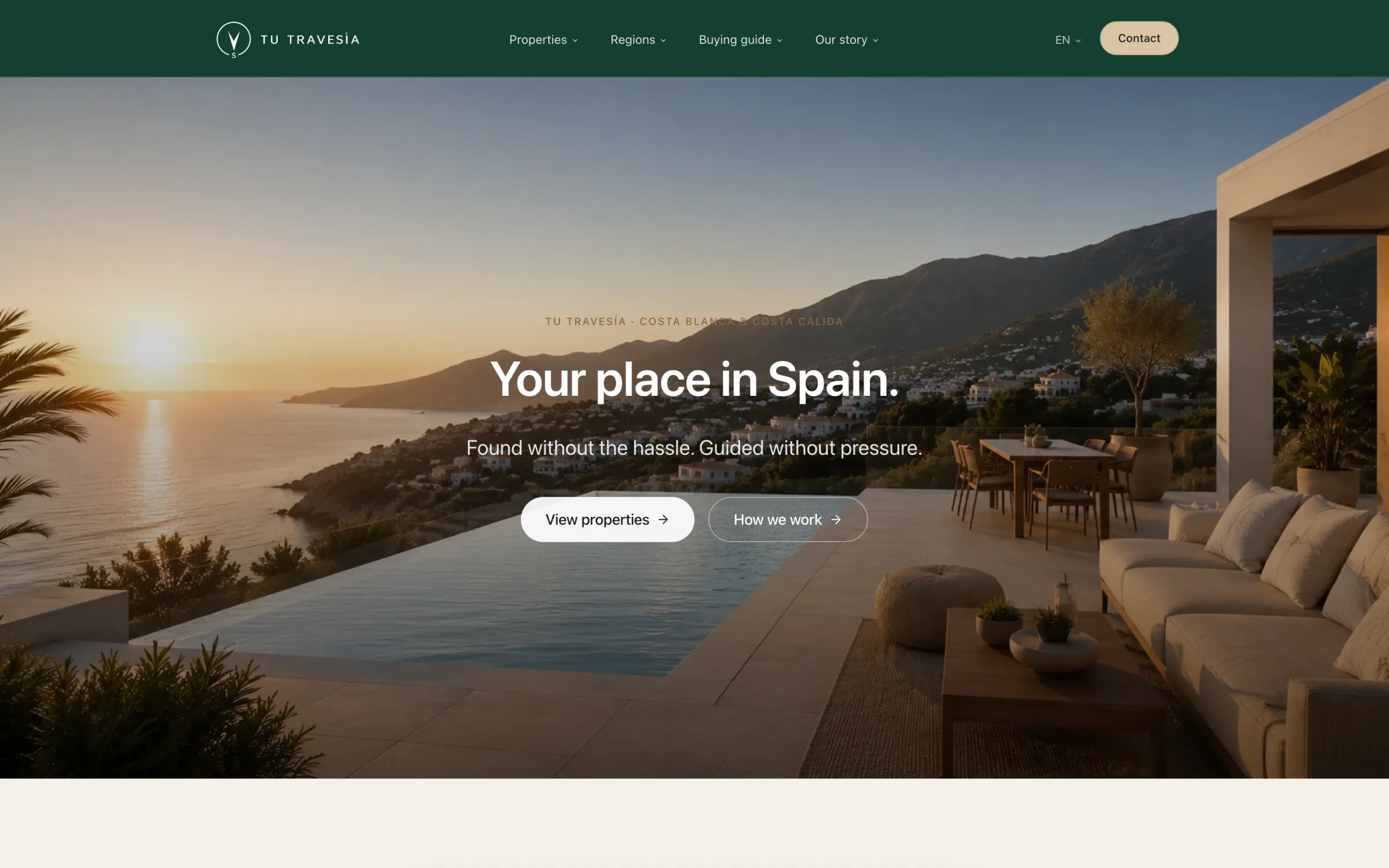 Tu Travesía — the first screen of the live English homepage